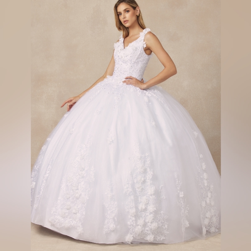 White floral applique beaded long dress with lace up back